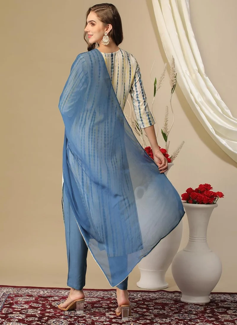 GoSriKi Light Blue GoSriKi Women's Rayon Blend Straight Printed Kurta with Pant & Dupatta (Tiedye Light Blue-GS_M_Light Blue_Medium) for Women | Best Price UAE